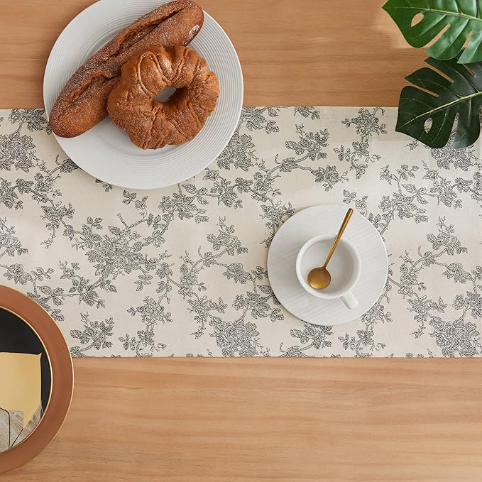 100% Cotton French Pastoral Table Runners, 13x72 Inch Black Farmhouse Table Runners 72 Inches Long, Vintage Flowers Print Home Decors