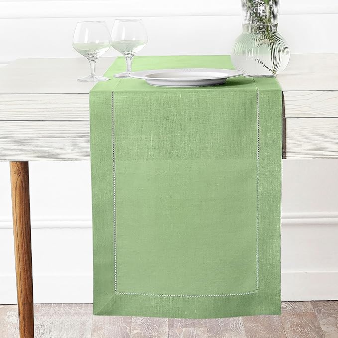 D'Moksha Homes Linen Sage Green Table Runner 60 Inches - Classic Hemstitch, 100% Pure Linen Coffee Table Runner 14 x 60 Inch Ideal for Dresser Tables - Winter, Christmas, Holiday, New Year