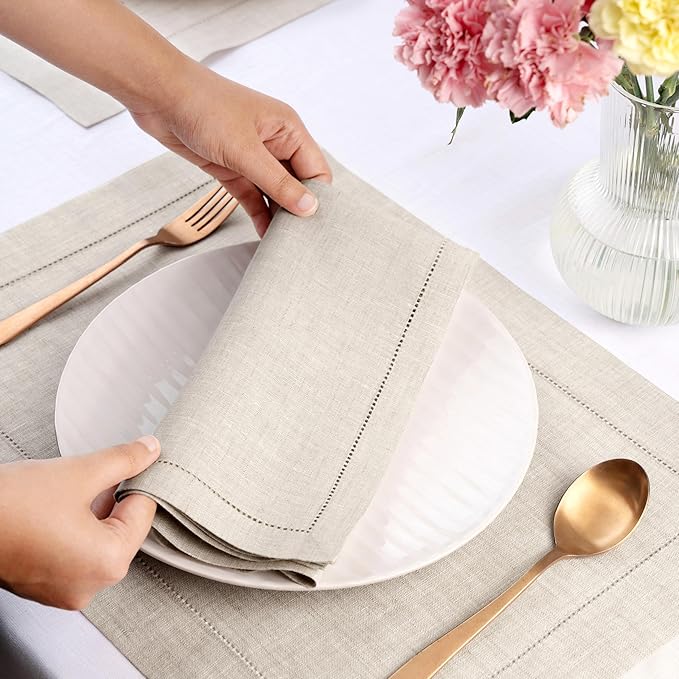 D'Moksha Homes Light Natural Linen Napkins Set of 8 - Classic Hemstitch 100% Pure Linen Hemstitch Dinner Napkins 20 x 20 Inch for Christmas, Holiday, New Year - Handcrafted and Machine Washable