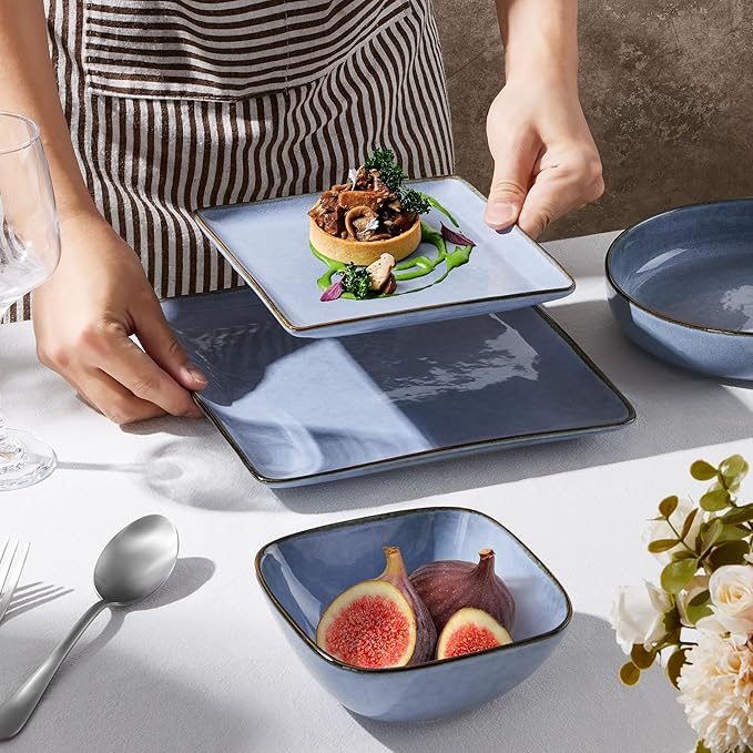 E-far Square plates and bowls Sets for 6, 18-Piece Reactive Glaze Stoneware Dinnerware Sets, Porcelain Dishware Sets for Kitchen Home, Microwave & Dishwasher Safe, Ocean Blue