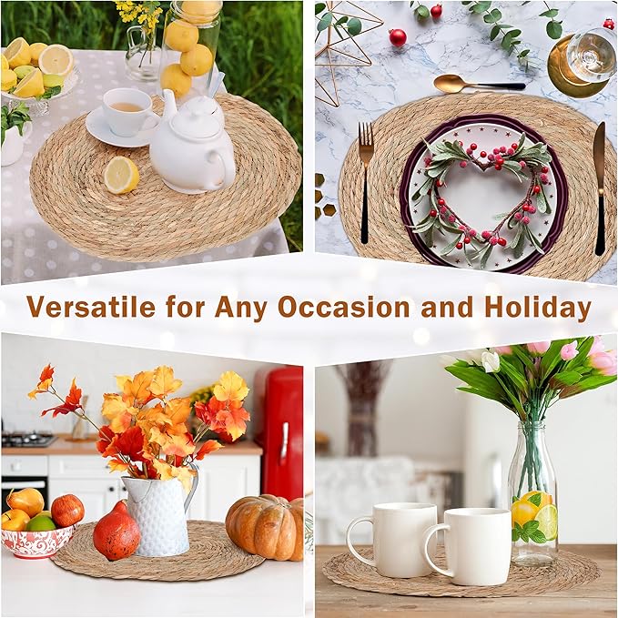 Defined Decoe Set of 6 Woven Rattan Placemats,16x12 Inch Oval Braided Charger Plates, Farmhouse & Boho Vintage Style for Christmas Dining, Kitchen, and Party Decor