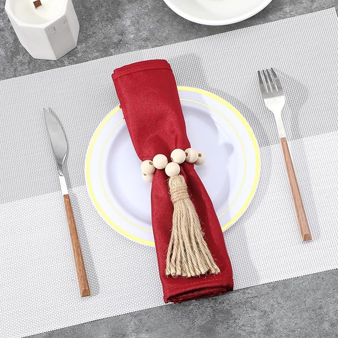 6PCS Napkin Rings, Wooden Bead Napkin Holders for Cloth Napkins, Stretchable Boho Napkins Rings Rustic Twine Rattan Design with Tassel for Farmhouse Thanksgiving Fall Spring Decor