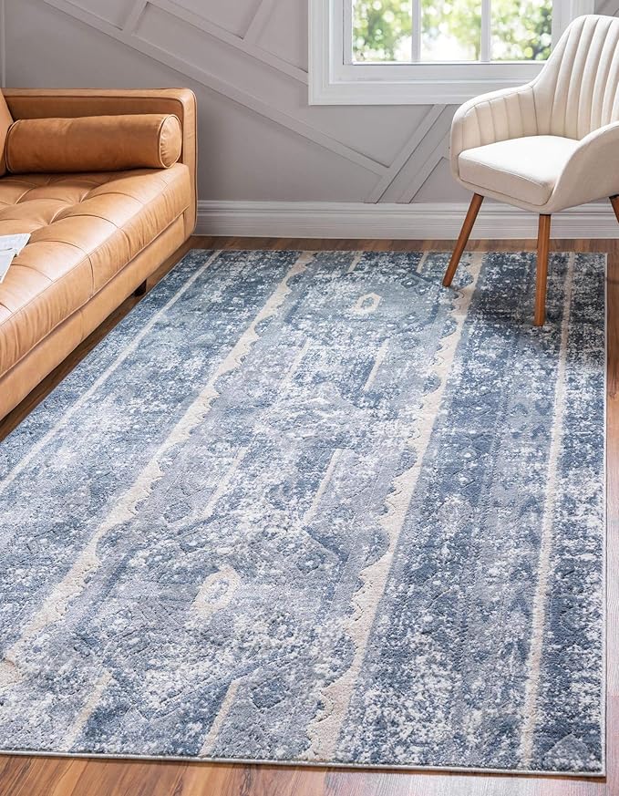 Rugs.com Oregon Collection Rug – 6' x 9' Blue Low-Pile Rug Perfect for Living Rooms, Large Dining Rooms, Open Floorplans