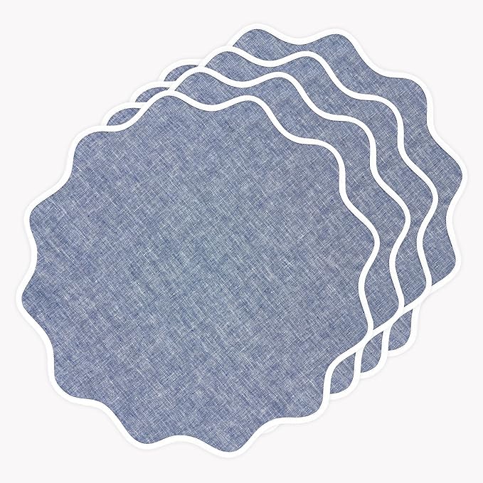 Solino Home Scallop Linen Placemats Set of 4-100% Pure Linen White and Chambray Indigo Round Cloth Placemats 16 Inch - Giselle Scallop Edge, Handcrafted and Machine Washable