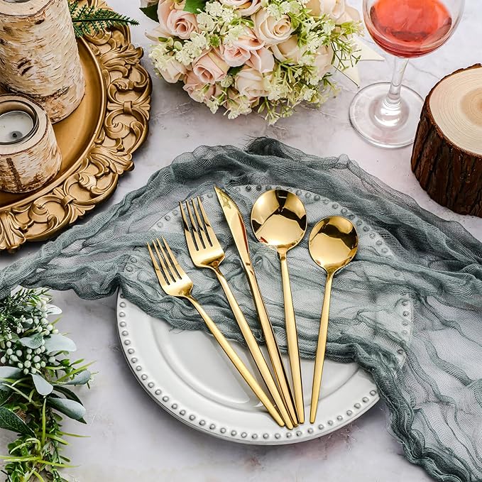 Amyhill 400 Pcs Gold Stainless Steel Utensils Set Party Tableware Flatware Set for 80 Guests Reusable Dinner Cutlery Utensils Tableware for Wedding Anniversary Party Home Restaurant