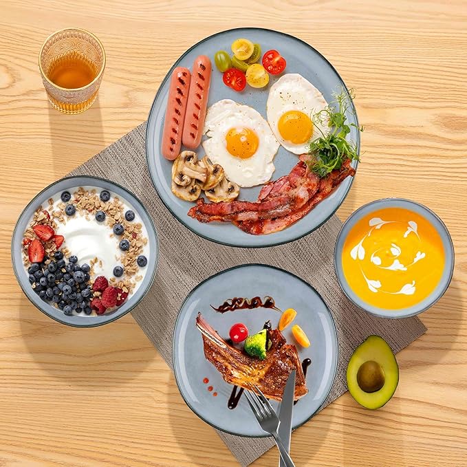 Herogo Stoneware Dinnerware Sets for 6, 24 Piece Ceramic Dinner Dishes Set, Irregular Handmade Plates and Bowls Dishware, Crack and Scratch Resistant, Reactive Glaze, Smoky Blue