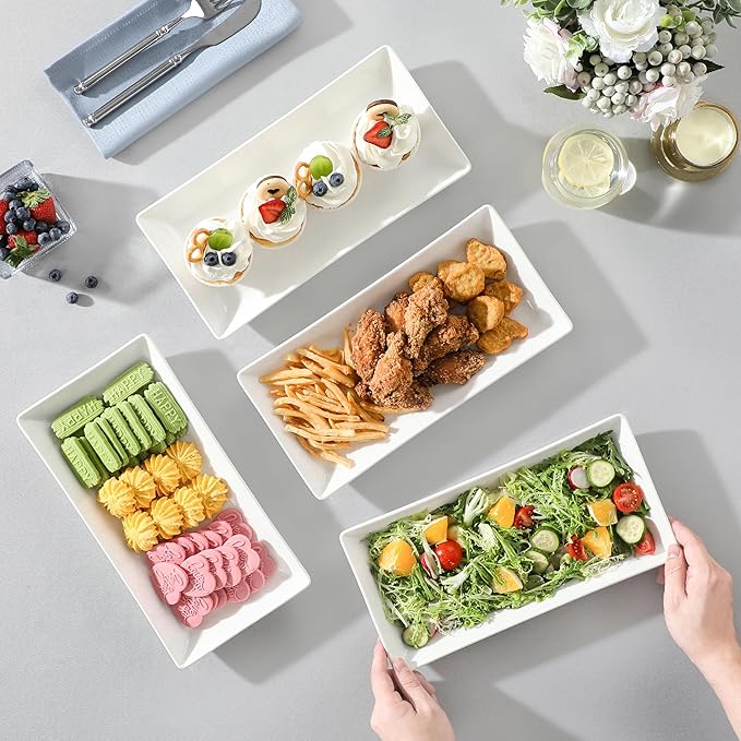 MALACASA Serving Platters Set of 4, Ceramic Serving Platters and Trays for Serving Food, Rectangular Serving Trays for Party, Large Serving Plates, Party Serving Trays and Platters - 12 Inch, White