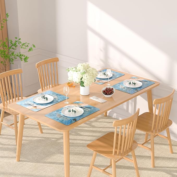 QIYI Placemats Set of 4, 12x18 Inch PU Leather Place Mats for Kitchen Dinning, Heat Resistant Anti Slip Pink Gold Table Mats, Waterproof Wipeable Washable Placemat Party Table Décor, Blue Fluid Marble