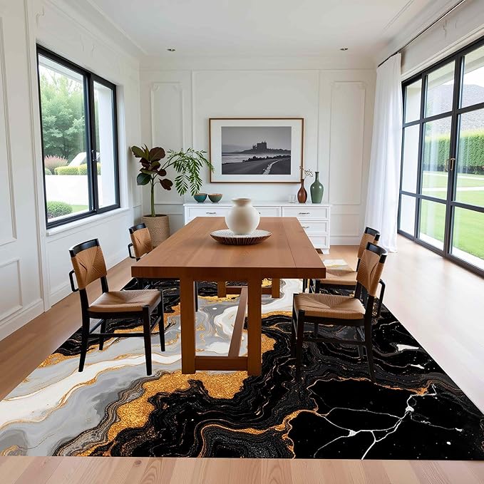 Marble Wavy Pattern Lux Art Aesthetic Deco Indoor Area Rug for Living Room Bedroom Dining Room Soft Easy Clean Non Skid Rugs 9x12 Under Table Modern Cozy Mats Nursery Black White Gold Abstract Carpet