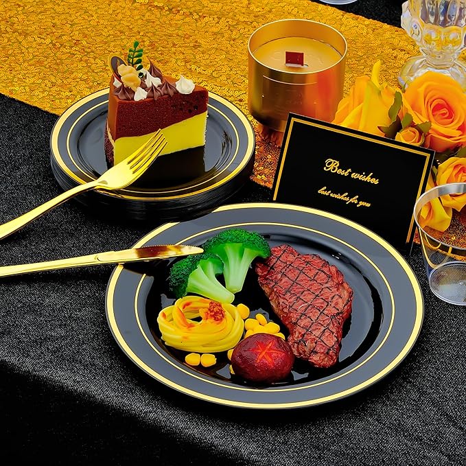 350 PCS Black and Gold Dinnerware Set for 50 Guests, Black Plastic Disposable Plates with Gold Rim for Party -50 Dinner Plates, 50 Dessert Plates, 150 Silverware Set,50 Napkins and 50 Cups