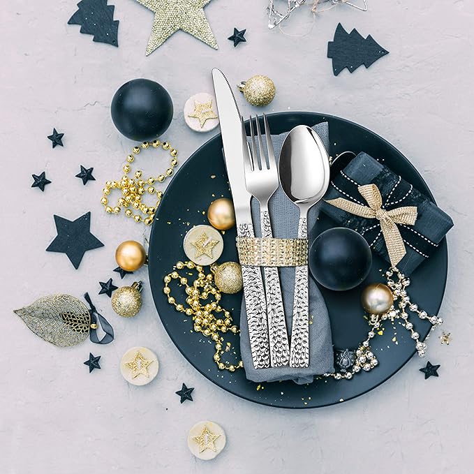 35-Piece Silverware Set with Serving Pieces, E-far Stainless Steel Hammered Flatware Eating Utensils Service for 6, Modern Tableware Cutlery Set with Square Edge, Mirror Polished, Dishwasher Safe