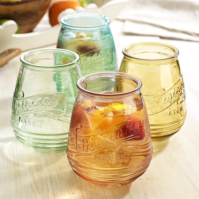 Wine Glasses Set Of 4 Assorted Colored Stemless Glasses 21 OZ. Original Mason Large Wine Cup, Red and White Wine Drinking Water Glasses. Juice, Cocktails, Smoothies, Vintage Bar | Large Wine Cup, Red and White Wine, Juice, Cocktails, Smoothies