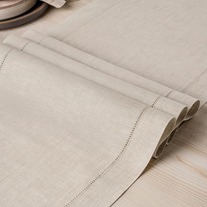 D'Moksha Homes Linen Light Natural Table Runner 36 Inches - 100% Pure Linen Small Table Runner 14 x 36 Inch Ideal for Dresser, Coffee Tables, Winter, Christmas, Holiday, New Year - Classic Hemstitch