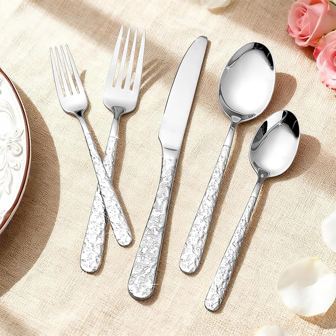 40-Piece Hammered Silverware Set for 8, Stainless Steel Cutlery with Unique Lava Texture, Nickel Free Spoons & Forks Set, Dishwasher Safe Flatware, Elegant Design for New Home Gifts