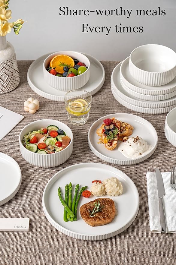 Dinnerware Sets for 4,Microwave Safe Plates and Bowls Sets,12 Piece Dylan Dish Set,Reactive Glaze Stoneware Dinnerware Set (Gloss Reactive Snow White, Service for 4 (12pcs))