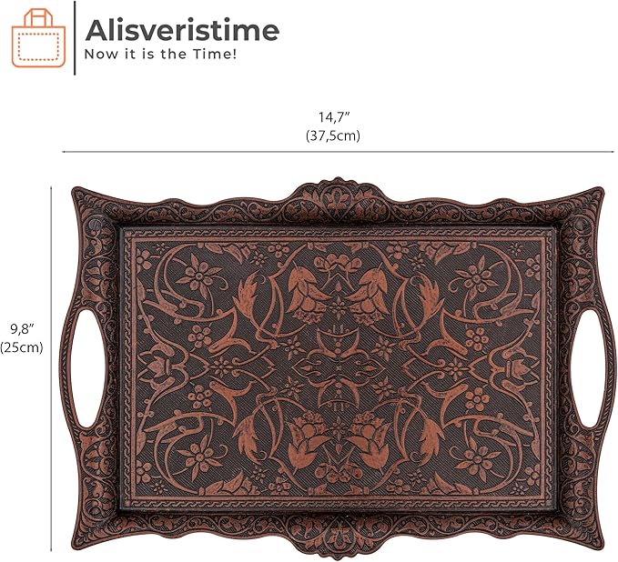 Alisveristime Ottoman Turkish Zamak Serving Tray with Traditional Motifs, Ideal for Coffee and Tea - Six Person Tray (14.5 x 9.85 in) (Copper)