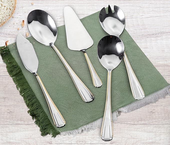 5 Piece Hostess Set - Serving Utensil Set - 18/10 Stainless Steel Silverware - Luxurious Handle with Gold Detailing - Elegant Silver and Gold Flatware Hostess Serveware (5, Verona)