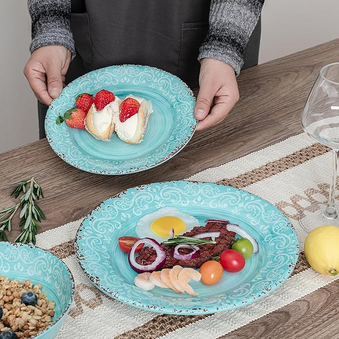 12-Piece Farmhouse Dinnerware Set, set of 4, 100% Melamine Dishes Serving Set with Plates and Bowls, Non-breakable and Lightweight Dinner Set for indoor and outdoor entertaining, Light Teal