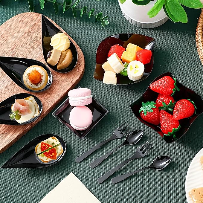 Tessco 200 Pcs Mini Appetizer Plates with Spoons Forks Disposable Mini Dessert Plates Plastic Appetizer Bowls Tiny Individual Serving Trays for Party(Black,Classic)