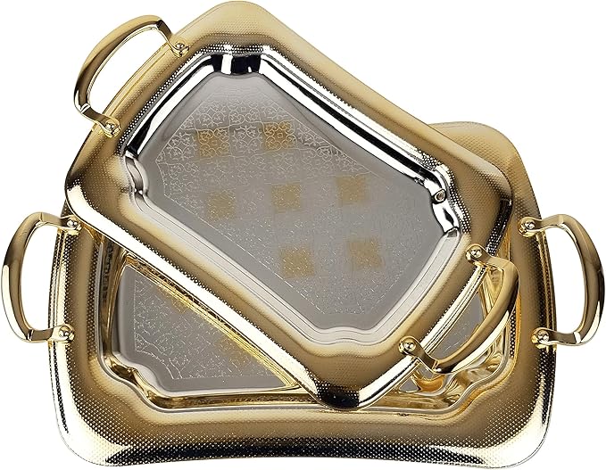 Elegant Rectangular Silver & Gold Stainless Steel Serving Tray with Handles. 2 Pieces Set