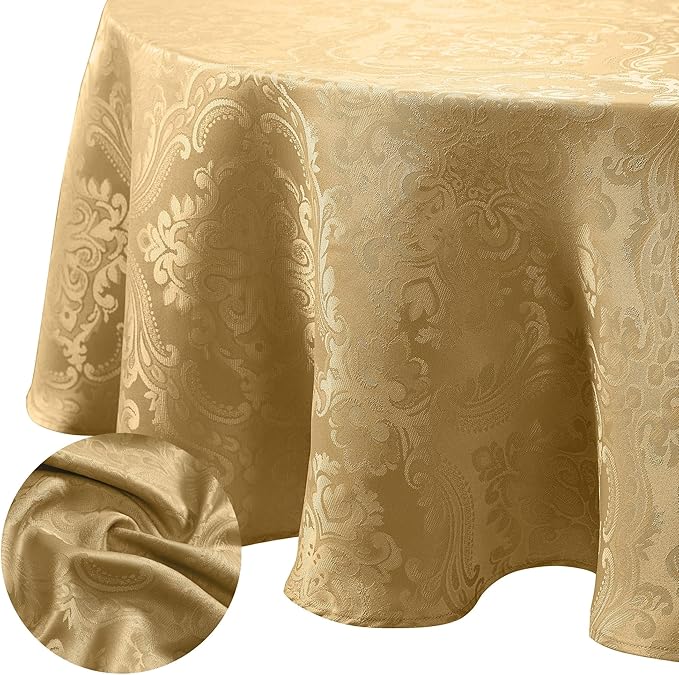 Elrene Home Fashions Caiden Elegance Damask Waterproof, Stain & Wrinkle Resistant Fabric Tablecloth, 60" x 84" Oval, Gold