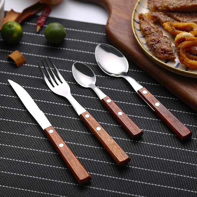 Forks and Spoons Silverware Set, HAPPY KIT Wooden Handle Flatware Set 16-Piece (4 Sets) 18/8 Stainless Steel Cutlery Set Wooden Spoons Dinner Knife Dinner Fork and Spoon Set
