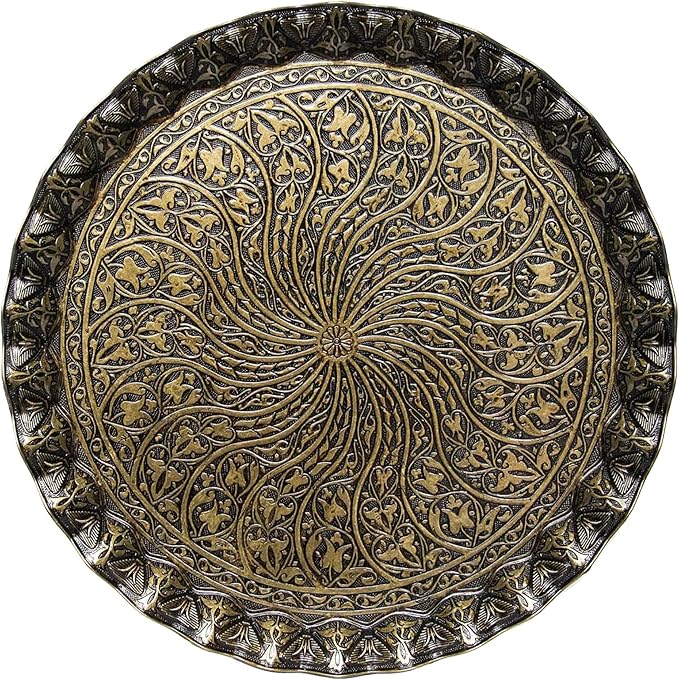 Coffee Tea Beverage Serving Tray, Vintage and Fancy Round Design (Antique Gold)