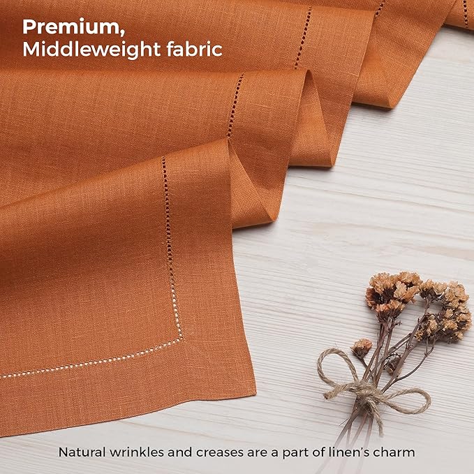 D'Moksha Homes Linen Rust Table Runner 90 Inches Long - Classic Hemstitch 100% Pure Linen Dining Table Runner 14 x 90 Inch for Winter, Christmas, Holiday, New Year