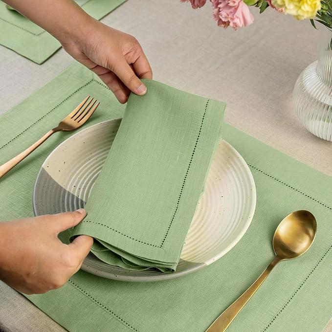 D'Moksha Homes Sage Green Linen Napkins Set of 4 - Classic Hemstitch 100% Pure Linen Hemstitch Dinner Napkins 20 x 20 Inch for Winter, Christmas, Holiday, New Year - Handcrafted and Machine Washable