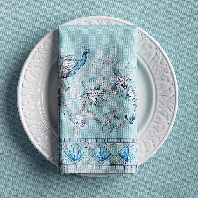 Maison d' Hermine Napkin 100% Combed Cotton Premium Set of 4 Decorative Washable Table Cloth Napkins for Dining, Home, Wedding, Banquet, Peacock Utopia - Pastel Turquoise (20”x20”)