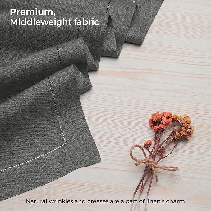 D'Moksha Homes Linen Charcoal Grey Table Runner 48 Inches - Classic Hemstitch, 100% Pure Linen Coffee Table Runner 14 x 48 Inch Ideal for Dresser Tables - Winter, Christmas, Holiday, New Year