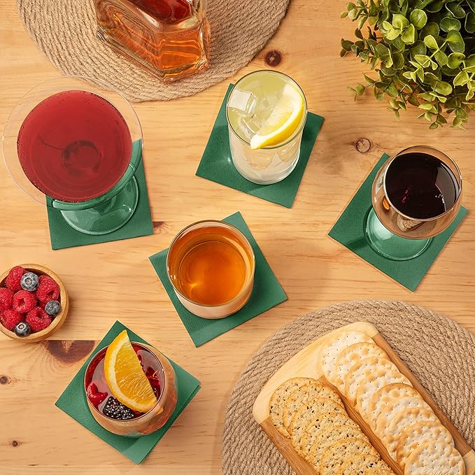 AH AMERICAN HOMESTEAD Paper Cocktail Napkins - Linen-Like Disposable Beverage Bar Napkins 4.75" x 4.75" - Bulk Square Napkins - Ideal for Party or Wedding (Green -100 Count)