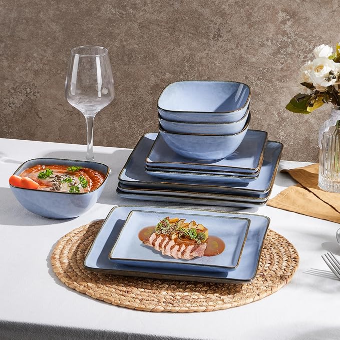 E-far Square plates and bowls Sets for 6, 18-Piece Reactive Glaze Stoneware Dinnerware Sets, Porcelain Dishware Sets for Kitchen Home, Microwave & Dishwasher Safe, Ocean Blue