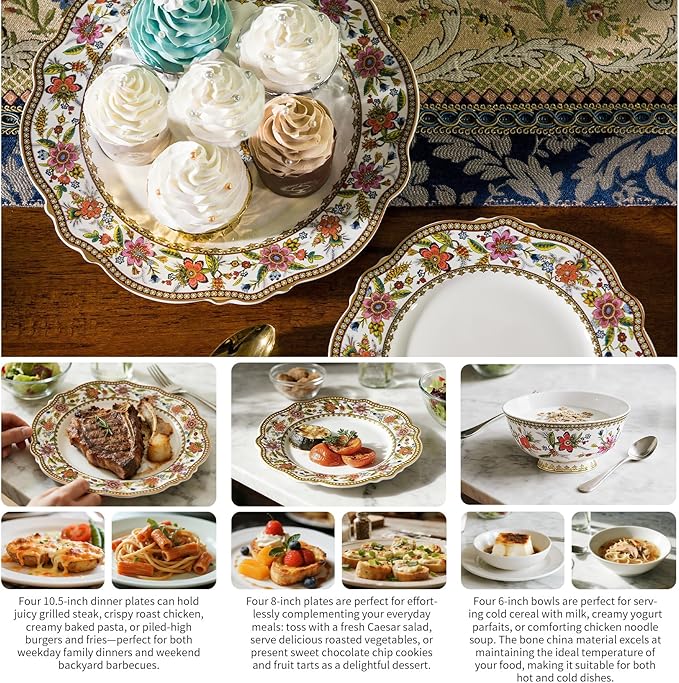 ACMLIFE Bone China Dinnerware Set for 4, 12-Piece Vintage Floral Dinnerware Set, Kitchen Plates and Bowls Set, China Plates Set, Christmas Gifts for Women, Thanksgiving Dinnerware Sets(Pink)