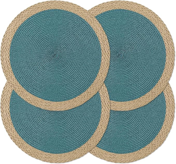 Noctiflorous Round Placemats Set of 4, 15 Inch Braided Hand Woven Table Mats, Heat Resistant Non-Slip Wipeable Wide Edge Place Mats for Kitchen Dining Indoor Outdoor Use(Blue, 4)