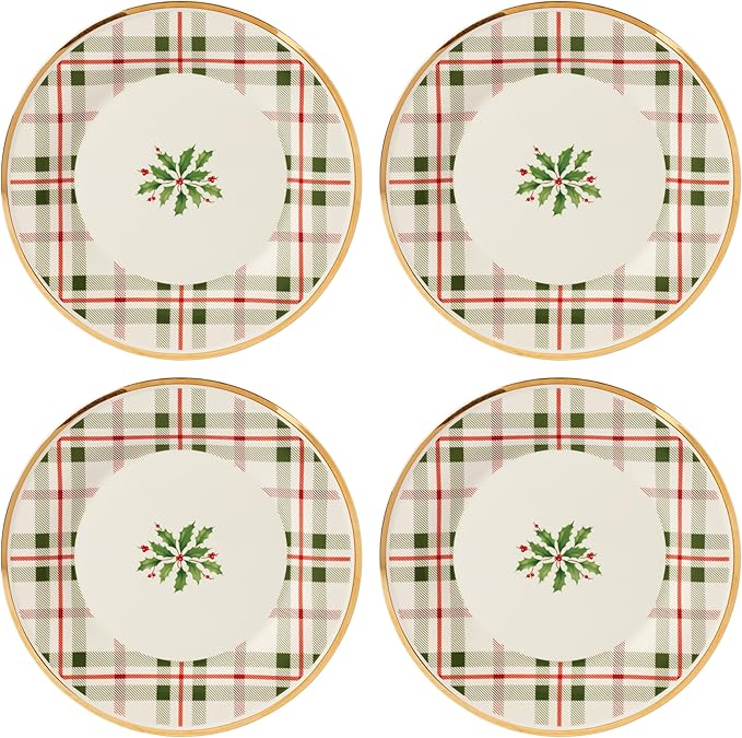 Lenox 894964 Holiday Plaid Accent Plates, Set of 4, Red & Green, Christmas Dinnerware, Hosting