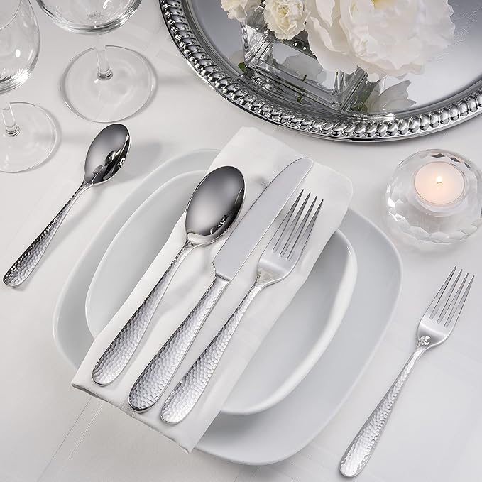 Hudson Essentials Premium 40 Piece Hammered Silverware Set, 18/10 Stainless Steel, Fine Flatware Service for 8 -Dishwasher Safe Bergamo Cutlery