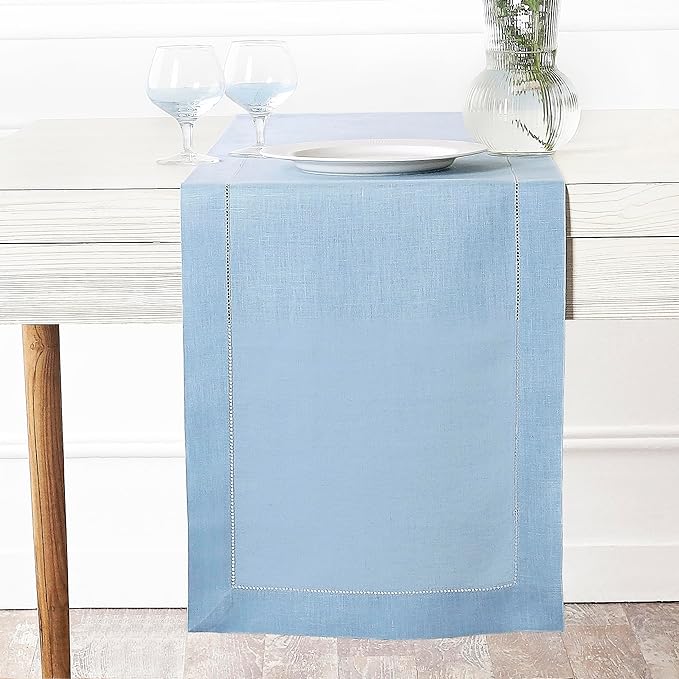 D'Moksha Homes Linen Powder Blue Table Runner 36 Inches - 100% Pure Linen Small Table Runner 14 x 36 Inch Ideal for Dresser, Coffee Tables, Winter, Christmas, Holiday, New Year - Classic Hemstitch