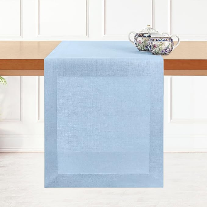 D'Moksha Homes Linen Table Runner 36 Inches - 100% Pure Linen Powder Blue Small Table Runner 14 x 36 Inch for Dresser, Coffee Tables, Winter, Christmas, Holiday, New Year-Machine Washable