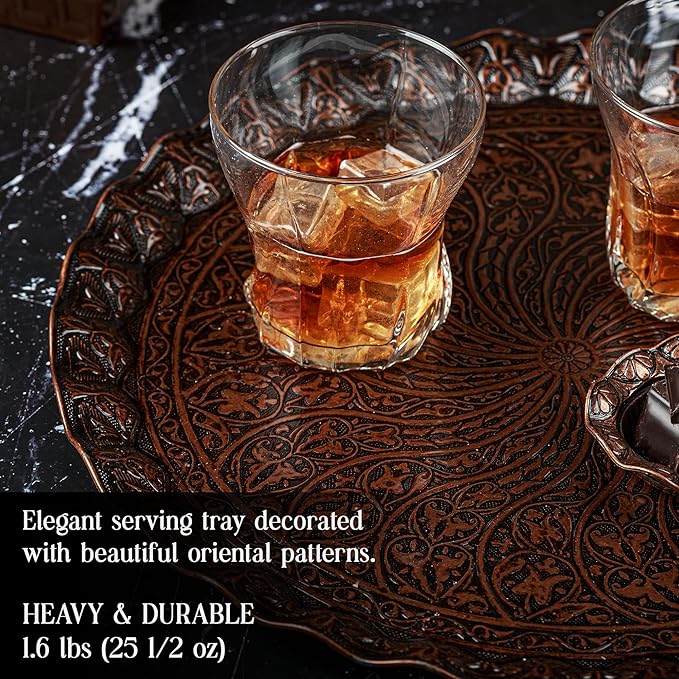 Crystalia Fancy Ottoman Serving Trays, Elegance Metal Turkish Trays for Beverage Serving, Vintage Ottoman Round Tray for Decorative Tea Coffee and Dessert Table, 12 inch Diameter