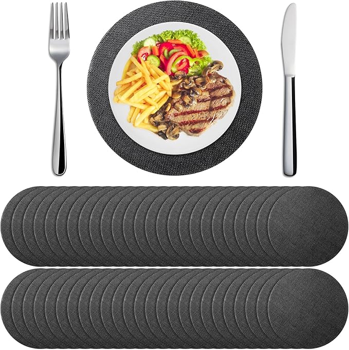 Yunlly Set of 48 Round Burlap Placemats Bulk Burlap Farmhouse Placemats Set Heat Resistant Table Mats Circle Jute Charger Place Mats for Wedding Holiday Dinner Rustic Table Decorations(11.8 in,Black)