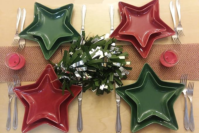 Holiware - Fun Holiday Dinnerware Service Set of 2 Ceramic Green Star Shaped Dinnerware Service Plates