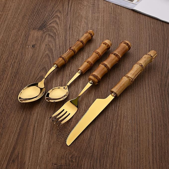 Stainless Steel Flatware Set, Bamboo Handle Silverware Set, Reusable Eating Utensils for Home Kitchen and Restaurant, Modern Gold Cutlery Set, 8 Pieces Dinner Knives