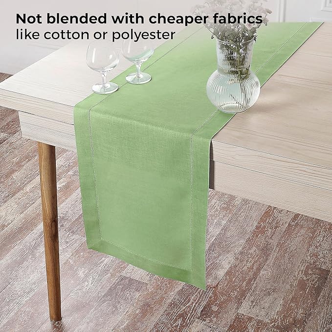 D'Moksha Homes Linen Sage Green Table Runner 72 Inches Long - 100% Pure Linen Hemstitch Table Runner 14 x 72 Inch for Dresser, Dining, Winter, Christmas, Holiday, New Year - Classic Hemstitch
