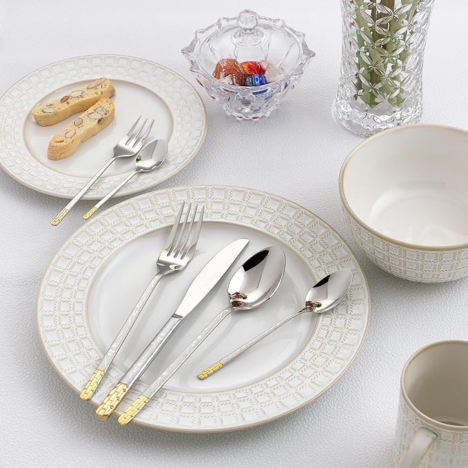 Lorren Home Trends 86 Piece 18/10 Stainless Steel and Gold Flatware Set, Service for 12, Chest included