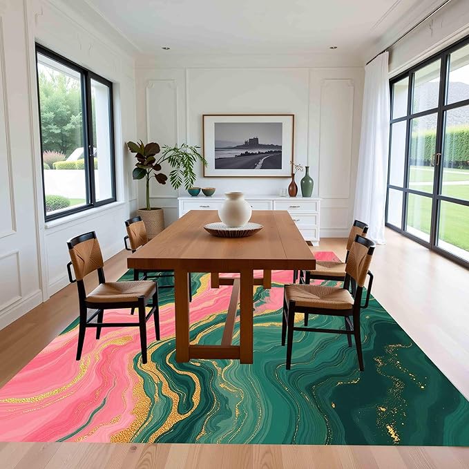 Green Pink Gold Unique Marble Wavy Design Indoor Area Rug 7x12 for Living Room Bedroom Dining Room Washable Non Skid Soft Large Carpet Guestroom Kitchen Dorm Floor Mats Modern Abstract Floor Rugs