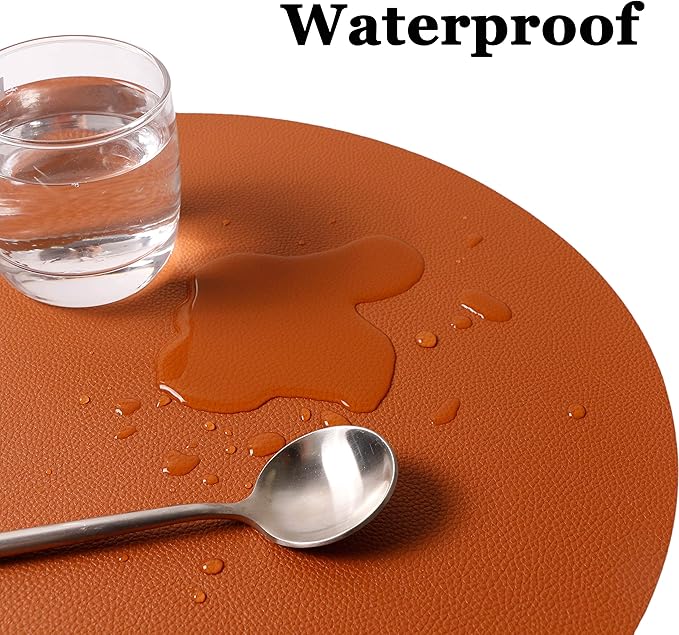 Wipeable Placemats and Coasters Leather Table Mats Waterproof Heat-Resistant Easy to Clean for Dining Table Set Kitchen Table Set of 4, Brown