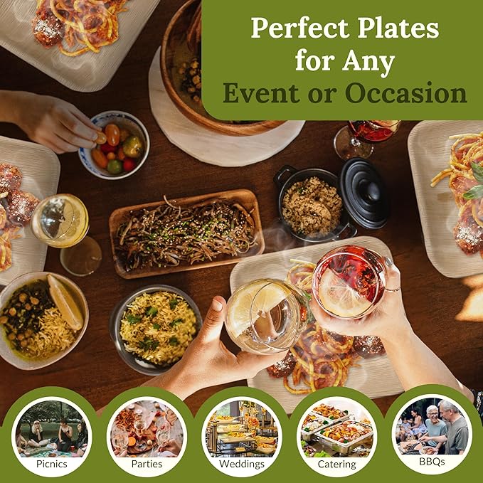8 inch Square Palm Leaf Plates 50 pcs Compostable and Biodegradable Disposable Plates, Microwave Safe, Heavy-Duty Sustainable Appetizer and Dessert Plates for Parties, Picnics and Weddings