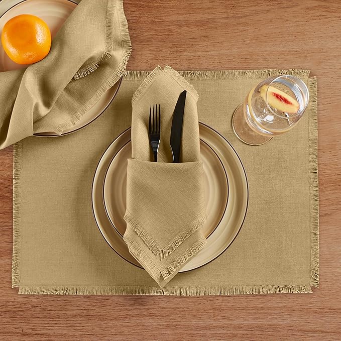 Solino Home Fringe Linen Placemats Set of 4 - 14 x 19 Inch Placemats Kelp - 100% Pure Linen Table Mats for Christmas, Holiday, New Year - Handcrafted and Machine Washable