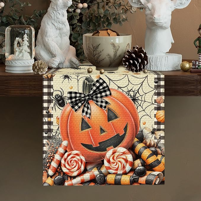 Pumpkin Halloween Table Runner Seasonal Fall Kitchen Dining Linen Table Decoration for Indoor Outdoor Home Party Decor 13 x 72 Inch